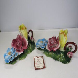 Italian (2) Capodimonte porcelain flower taper candle holders Floral Art Collect